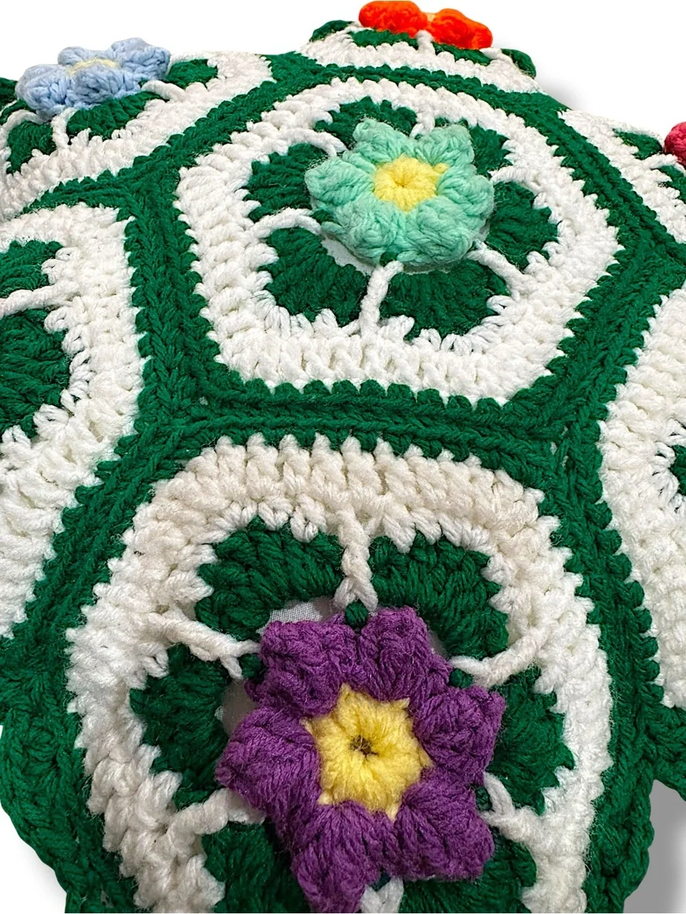 Vintage Handmade Crochet Flower Pillow | Retro Floral Throw Pillow | Boho